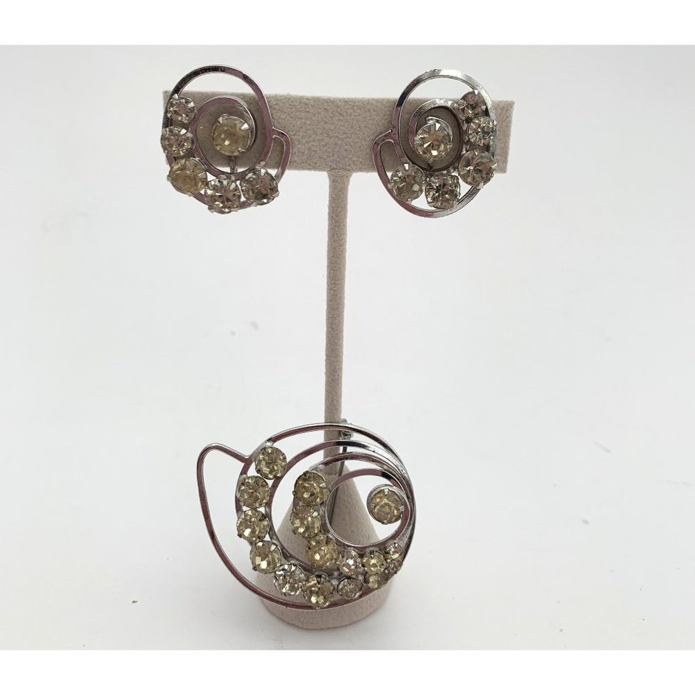 Art Deco Sterling Silver Rhinestone Brooch Earring Set Vintage 20s Event Holiday